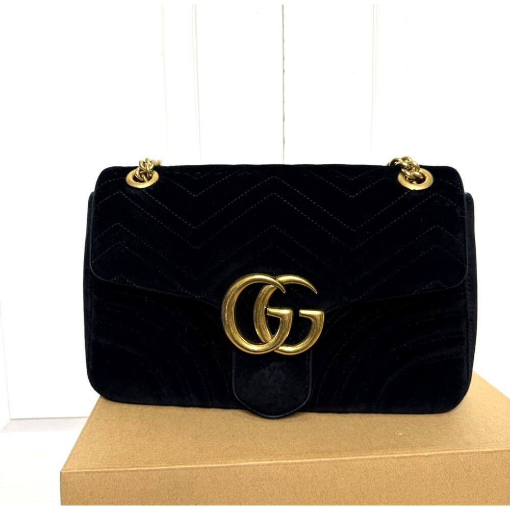 Gucci GG Marmont Medium Shoulder Bag Black Matelasse Velvet Aged Gold Hardware